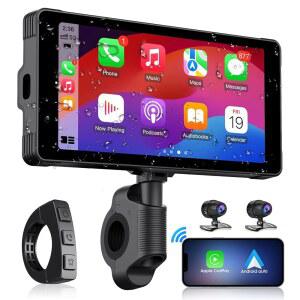 오토바이용 휴대용 무선 CARPLAY 대시캠 - 방수 안드로이드 1080P GPS 음성 터치 DVR 후면 및 제어 자동차 스크린, 5.5인치 네비게이션 HD 블루투스 자동 전면 캠 포함