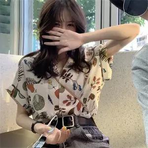 Vezri 여성 반팔 하와이안 셔츠 나염 꽃남방 빈티지 플라워 휴가 AC81