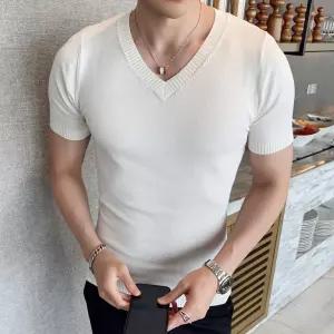 남성니트 반팔 브이넥 이너 무지 슬림 얇은 탑 심쿵마켓