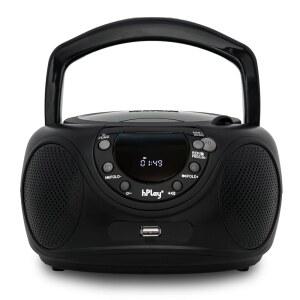 HPLAY 휴대용 CD 플레이어 붐박스 CDR 및 MP3-CD 디지털 FM 튜닝 라디오 블루투스 USB 보조 라인인 헤드폰 잭 접이식 핸들 - 소형 AC 또는 배터리 구동 오디오 플레이어(블랙) 재생