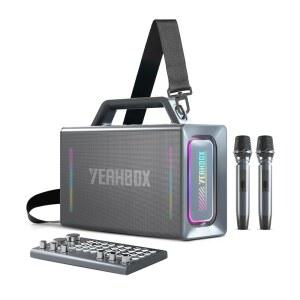 Yeahbox Thunder 500 파티 스피커 u2013 200W Max Power Bluetooth PA 시스템, 듀얼 무선 마이크, DSP 사운드 카드, LED 조명 및 10시간 재생 시간, 야외, 가정 이벤트용 휴대용