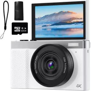 4K 디지털 카메라 3인치 180 플립 스크린을 갖춘 64MP 브이로그 초급용 64GB 마이크로 SD 카드를 16배
