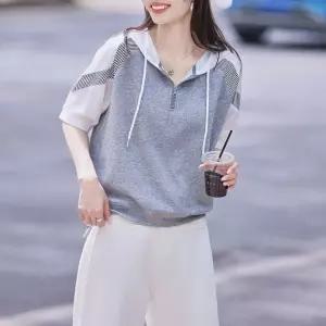 여성 후드 반팔티 루즈핏 여름 배색디자인 캐주얼 데일리 상의