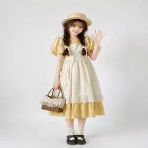 여성 알프스 소녀 롤리타 체크 레이스 롱 원피스 세트 졸업사진 촬영 코티지코어 하이디룩