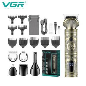 VGR V106 빈티지 헤어 클리퍼 6 in 1 그루밍 키트 코털 트리머 면도기 바디 전문가용 충전식 메탈 LCD USB