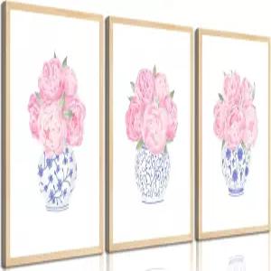 3pcs 핑크 모란 꽃무늬 벽 아트 치누아지에 블루 앤 화이트 꽃병 장식 그림 프레피 에스테틱 캔버스 포스터