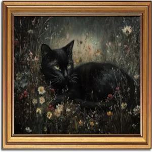 빈티지 골드 액자 블랙 고양이 벽 아트 다크 아카데미아 그림 장식 고딕 무디 야생화 포스터 거실 침실