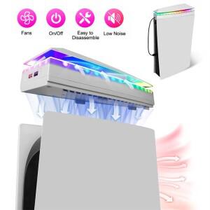 콘솔 냉각 팬  먼지 커버  다채로운 LED 조명  2개의 USB 포트  상단 RGB 3단 속도 조절 쿨러 팬 (플스호환