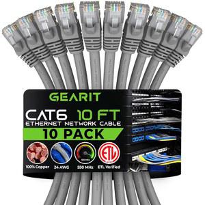 GEARit Cat 6 이더넷 케이블 (10팩 커넥터, 데이터 IT 그레이 네트워크 TV, - 스너그리스 PC, 태블릿, 서버, 3m(10피트) RJ45, 패치, 라우터, 인터넷 Cat6 금 센터용 도금 10Gbps, 프린터, 코드,