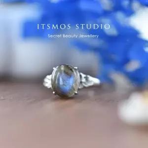 ITSMOS 천연 라브라도 라이트 꽃 할로우 링 8x10 타원형 보석 블루 빈티지 우아한 보석 밴드 에너지 반지