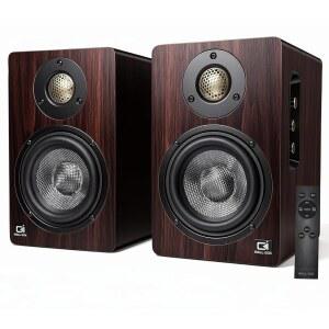 IBAL/BOX 100W 책장 스피커, 블루투스 5.3, 24비트 광학, USB-C, 3.5mm AUX, 카본-파이버, 실크-돔 트위터, PC용 전원 스피커 / 노트북 TV 모니터, 다크 월넛 마감(다크 마감)