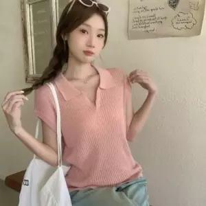 친절한탄씨 브이컷 립 셔츠칼라 숏기장 뜨개탑 모던 S S 가벼운하프티 일상템 데일리 티 크롭니트