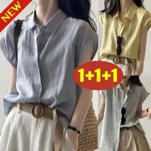(매진 임박) 85kg까지 빅사이즈 1+1+1 여성 날개소매 입체 패치워크 민소매 쿨 셔츠 여름 편한 캐주얼 심플