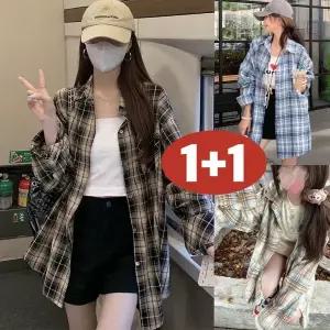 (브랜드 추천) 1+1 여성 빈티지 체크 배색 언밸런스 셔츠 봄 가을 편한 사계절 캐주얼 심플 데일리 베이직