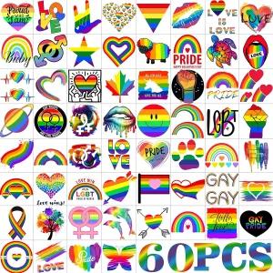 60 PCS 게이 프라이드 타투 여성용 LGBT 페이스 남성용 임시 레인보우 플래그 가짜 스티커 페스티벌
