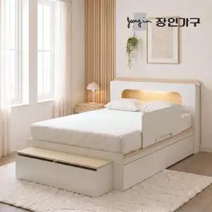 장인가구 엘리베어 리프트업 LED헤드 빅수납 침대 프레임 서랍형 Q (높이 400)+수납계단+안전가드