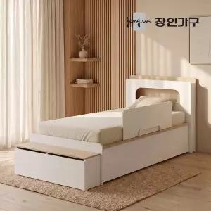 장인가구 엘리베어 리프트업 LED헤드 빅수납 침대 프레임 SS (높이 400)+수납계단+안전가드