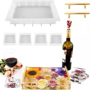 수지 트레이 몰드 실리콘 4pc 코스터 있는 13.5인치 대형 깊은 직사각형 DIY 꽃 보존 예술 제작 홈 데코용