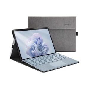 13인치 MICROSOFT SURFACE PRO 11(2024) 10 및 9용 옴팩 케이스 멀티 앵글 스탠드 스타일러스 홀더가 있는 보호 커버 타입 키보드와 호환 회색