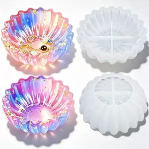 2PCS 플라워 볼 레진 실리콘 몰드 세트 푸에부르 에폭시 트레이 DIY 보석 홀더용 물결무늬 가장자리 디자인