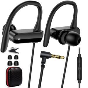 마이크 이어 훅이 장착된 와이어드 오버 이어버드 3.5MM 스포츠 헤드폰 180만 롱 랩 어라운드 크롬북 노트북 / 패드 플러그인 킨들 파이어 헤드셋 삼성호환 A15 A14 MP3 스쿨 블랙