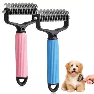 2PCS 펫 프로 그루밍 도구 개와 고양이를 위한 디매팅 빗 이빨이 있는 양면 언더코트 갈퀴 반려동물 브러시