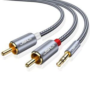 JSAUX RCA에서 3.5mm 케이블 6.6피트, Aux에서 RCA 헤드폰 남성용 잭 어댑터 나일론 땋기 스마트폰용 1/8 오디오 Y 코드, MP3, 태블릿, 스피커, HDTV - Gray
