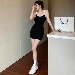 [하프클럽/]슬림 민소매 크로스 배색 미니원피스