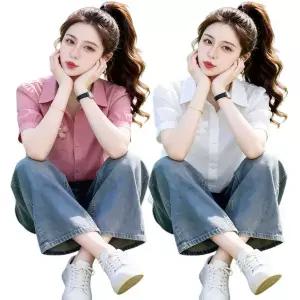 반팔티 반팔 블라우스 블라우스 반팔 칼라 셔츠 자수 꽃자수 스트링 오피스룩 세미정장 여성 여름 데일리