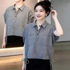 반팔티 반팔 블라우스 여성 깅햄 오버사이즈 사이드리본 반팔 셔츠 캐주얼 데일리룩	HJD050755	18