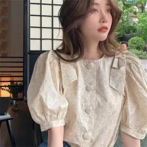 반팔티 반팔 블라우스 여성용 라운드넥 퍼프소매 리본 꽃무늬 블라우스 데일리룩 상의	JYX051152	35