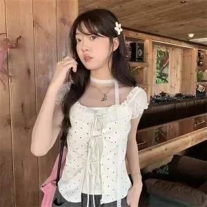 반팔티 반팔 블라우스 점프무늬 프릴 오프숄더 레이스끈 크롭 블라우스	TYJ042603 26