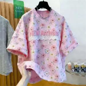 반팔티 반팔 블라우스 플라워 프린트 레이스 디테일 오버핏 캐주얼 반팔티셔츠	SDF050614	20