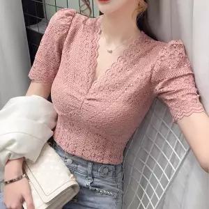 벌룬 펀칭 레이스 상의 여성 여름 반팔 브이넥 섹시 슬림 톱 3colors