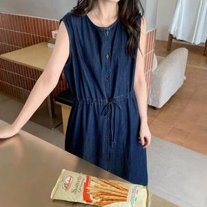 얍스토어 여성 데님 민소매 조끼 드레스 레트로한 깔끔한 라운드넥 싱글 브레스티드 레이스업 캐주얼 롱스커트