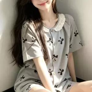 [라일리여성언더웨어] Rly 여성 여름 리본 그레이 반팔 반바지 홈웨어 세트
