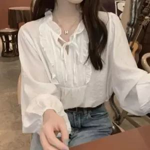 [라일리여성의류] Rly 여성 출근룩 봄 긴팔 흰색 프릴 블라우스 브라우