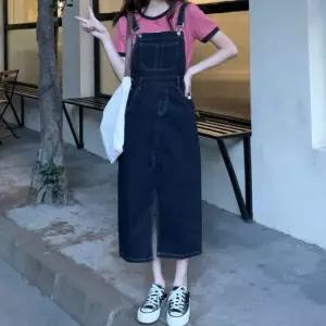바캉스룩 내추럴 스티치 디테일 H라인 진데님 멜빵원피스