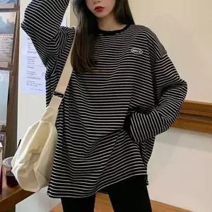 [하프클럽/]긴팔 여성 스트라이프 루즈핏 티셔츠 맨투맨 블랙