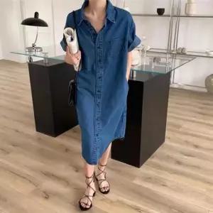 여름 데님 카라 오버핏 캐주얼 롱 청 반팔 원피스