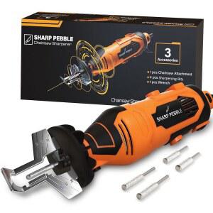 샤프 페블 전기 전기톱 샤프너 키트 - 체인 톱 도구 파일 크기 샤프닝 휠 비트 4개 각도 부착 렌치 및 전자책 제공