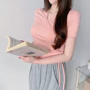 슬림핏 셔링 티셔츠 여성 U넥 무지 스판 반팔티 GWM 예쁜티셔츠
