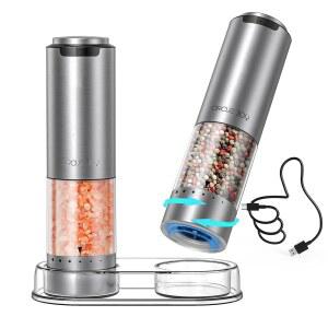 CIRCLE JOY 충전식 전기 소금 및 후추 그라인더 세트 95ML 용기의 스테인리스 스틸 페퍼 밀 흰색 LED 조명 외부 조절 가능한 거칠기 은색