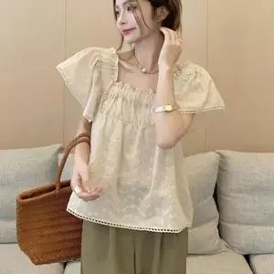여성 레이스 프릴 넥 라인 반팔 아무 블라 귀여운