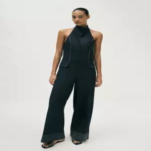 ZARA 린넨 콘트라스트 스티치 홀터넥 점프수트 - 네이비 2575/709/401