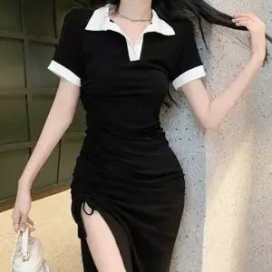 반팔원피스 여자 카라 배색 캐주얼 예쁜 옆트임 셔링 롱원피스