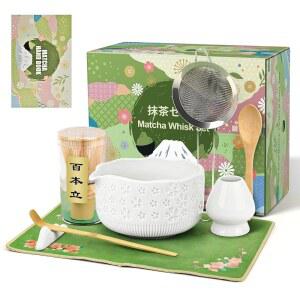 크리스마스 생일을 위한 말차 거품기 세트 볼 및 홀더가 포함된 만들기 키트 7개 대나무 스쿱 스쿱 휴식 체 티 타월 선물