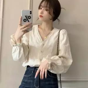 아무 여성스런 프릴 퍼프소매 브이넥 단추 여자 겨울