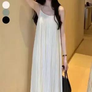 여자 여름 끈나시 이우 플리츠 롱원피스 편 루즈핏