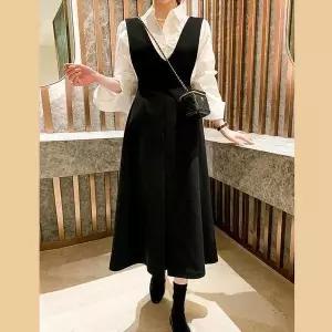 브이넥 와이드 멜빵 스트랩 뷔스티에 A라인 롱 원피스 (17577718A)